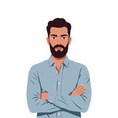 Confident bearded man in a blue shirt, standing with arms crossed, exuding strength and style.