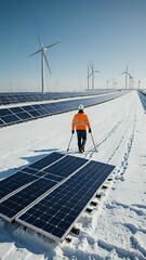 Engineer inspecting solar panels and wind turbines in snowy landscape. Sustainable energy, renewable power, winter maintenance.