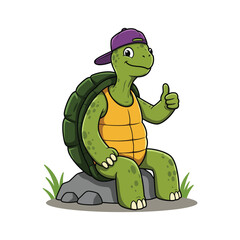 Cool Cartoon Turtle Giving Thumbs Up – Vector Illustration of a Smiling Turtle in a Purple Cap and Orange Vest Sitting on a Rock, Isolated on White Background