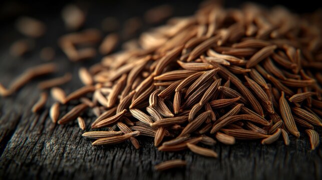 Pile of brown cumin seeds on rustic dark wood table, close-up