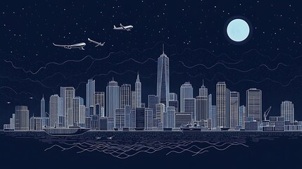 City Skyline at Night with Airplanes and Moon, A detailed line art illustration of a city skyline at night, featuring skyscrapers, airplanes
