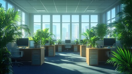 Fototapeta premium Modern office space filled with plants, bathed in natural light, overlooking a cityscape