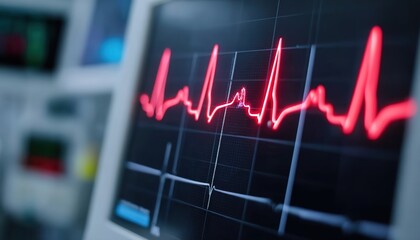 A red ECG waveform on a medical monitor signifies heart health monitoring. Crucial for hospitals or research, it visualizes cardiac activity