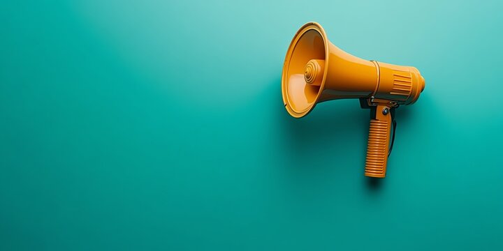 A vibrant yellow megaphone on a teal background, perfect for advertising, announcements, or public speaking concepts.  Great for social media or website banners.