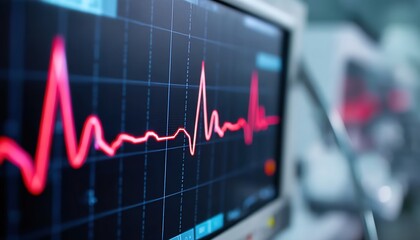 A red ECG waveform on a medical monitor signifies heart health monitoring. Crucial for hospitals or research, it visualizes cardiac activity