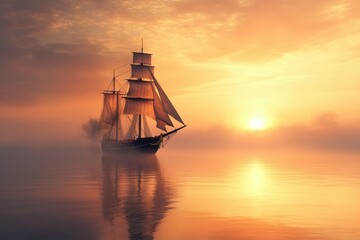 Fototapeta premium Majestic ship at golden sunrise
