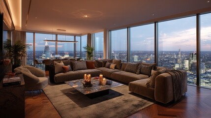 Fototapeta premium Luxury penthouse lounge with panoramic skyline views and velvet furnishings 