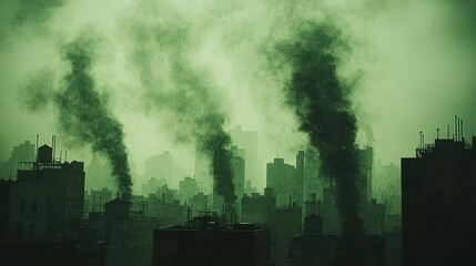Obraz premium Polluted city skyline with smoke rising, viewed with a greenish cast