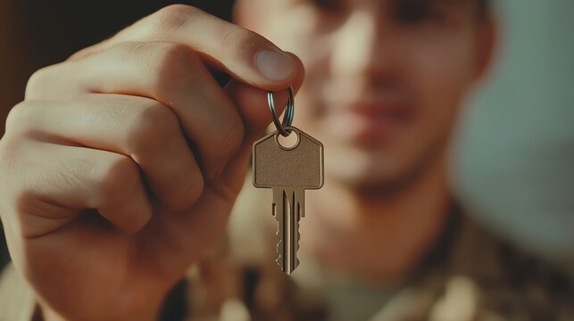 A man's hand holds a house key close up, his face blurred in the background It conveys a sense of new beginnings or home ownership Perfect for real estate or home-related marketing