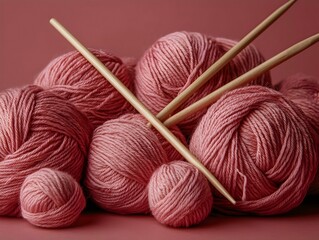 Close-up of pink yarn balls and knitting needles. Perfect for crafting, knitting, crochet, and DIY projects. Soft, warm colors and textures.