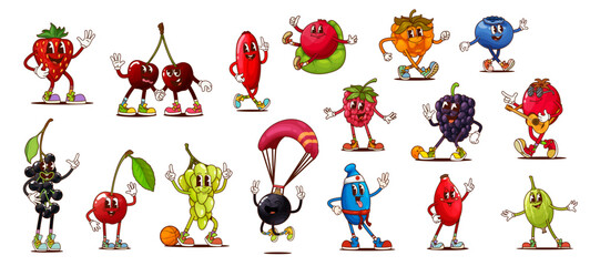 Groovy berry fruit characters on fitness sport, retro hippie food vector personages. Cartoon cute cherry, strawberry and grapes berries playing sport games. Funky groovy cranberry and raspberry fruits
