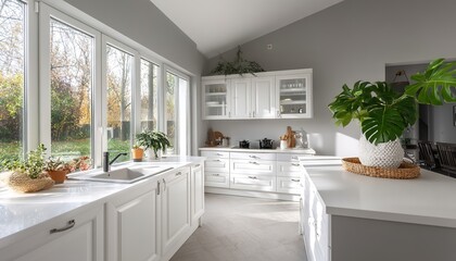 A bright white kitchen with large windows and plants embodies modern minimalism. Ideal for home design or culinary content, it promotes cleanliness, natural light, and eco-conscious living