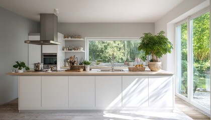 A bright white kitchen with large windows and plants embodies modern minimalism. Ideal for home design or culinary content, it promotes cleanliness, natural light, and eco-conscious living