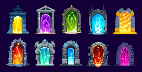 Magic teleport portal gates and doors for game asset, vector cartoon elements. Magic fantasy and witchcraft game assets of portal doors with plasma or mystic fire in fireplace with teleport entrance © Vector Tradition