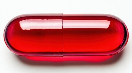 Red gelatin capsule on white, translucent sides, close-up view