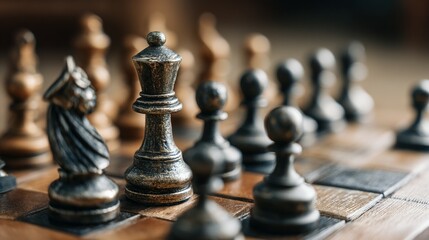 Strategic chess pieces arranged on a wooden board.