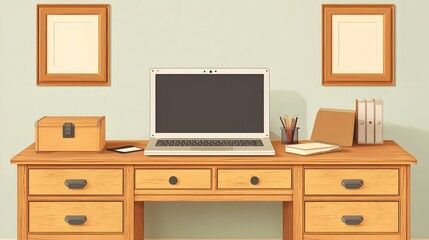 Laptop on a wooden desk with frames, box, and stationery.  Clean, organized workspace.