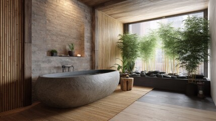 Fototapeta premium Meditative home spa with soaking tub and bamboo elements.