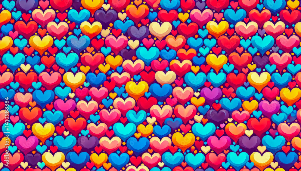 Poster colorful hearts fill the background creating a vibrant and playful atmosphere with various shapes an