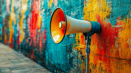 Brightly colored wall art with a vintage megaphone set against it during daylight hours