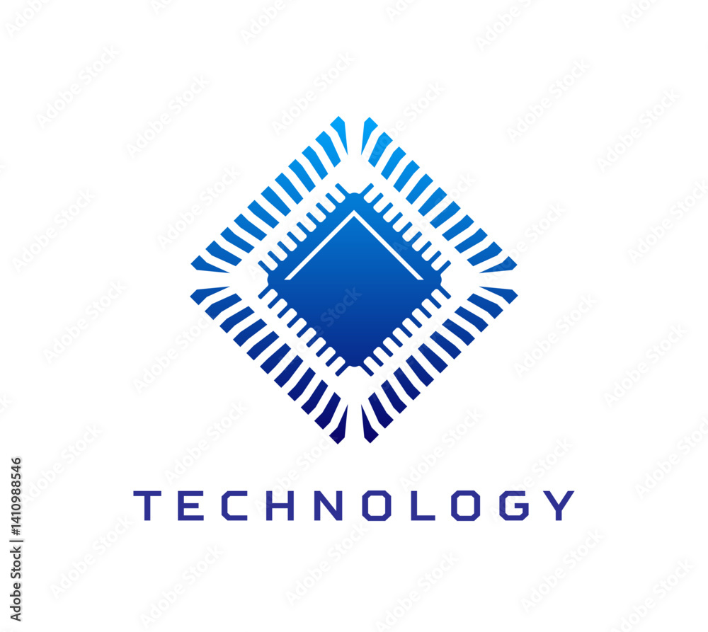Leinwandbilder Computer chip icon, ai technology symbol. Vector blue emblem of a microchip circuit represents futuristic innovation, computing and digital advancements for tech companies, AI and IT science branding