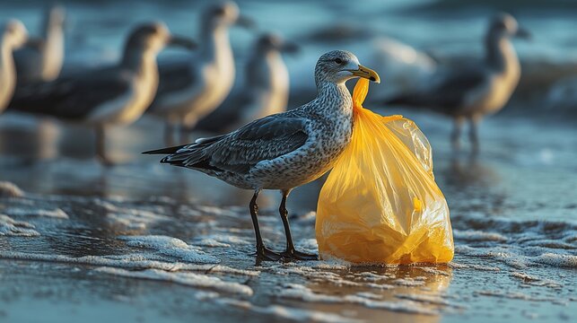 Seagull with plastic bag on beach