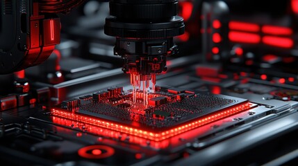 Robotic arm precisely works on a computer chip with red lights and dark machinery