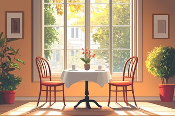 Cozy Dining Room Setting with Nature-Inspired Decor and Sunlit Views