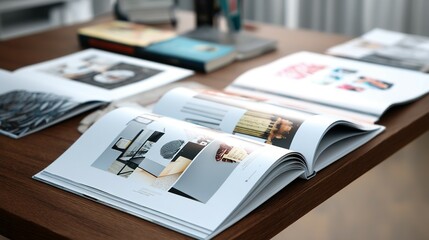 Open magazines showcasing interior design ideas on a wooden table.