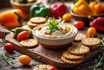 The theme of the picture is a delicious-looking dip with crackers and fresh vegetables. It is a still-life food photo. The application scenarios include food blogs, recipe sharing platforms