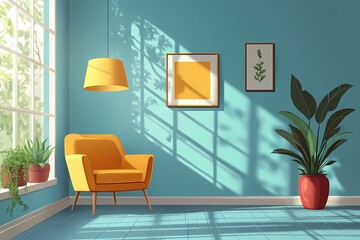 Modern Living Space Interior Design. Bright Blue Walls, Cozy Minimalist Furniture, Vibrant Artwork & Relaxing Houseplants