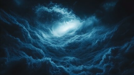 Dramatic, dark blue ocean waves crashing, creating a powerful, swirling vortex.  A sense of depth and mystery.