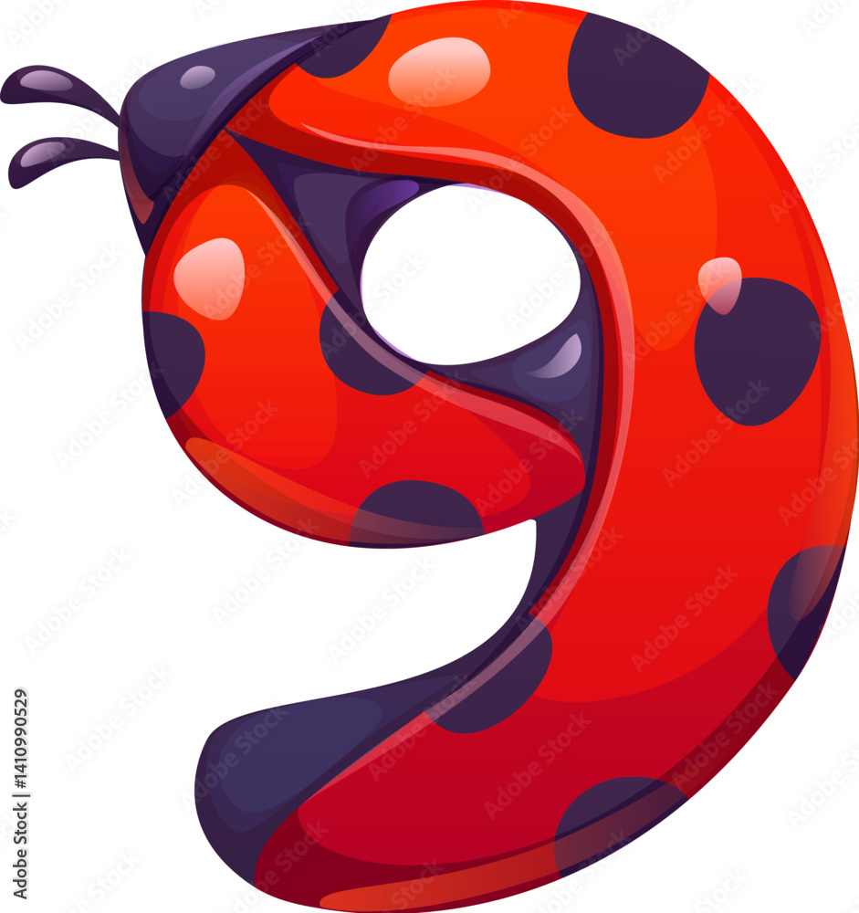 Fototapete Ladybug cartoon font digit 9 nine. Cute lady bug kids ABC typeface digit, red insect cartoon vector mathematics type numeral symbol. Spring ladybird math typeface figure or alphabet font number