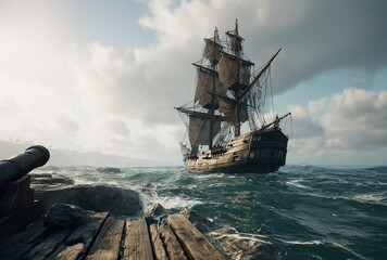 This image depicts a historical sailing ship navigating stormy seas near a rocky shore with a cannon-equipped wooden platform. Ideal for maritime history content, pirate-themed media