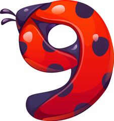 Ladybug cartoon font digit 9 nine. Cute lady bug kids ABC typeface digit, red insect cartoon vector mathematics type numeral symbol. Spring ladybird math typeface figure or alphabet font number