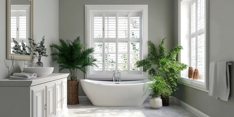 This luxurious bathroom features a freestanding bathtub, large windows with shutters, potted palms, and a marble floor.