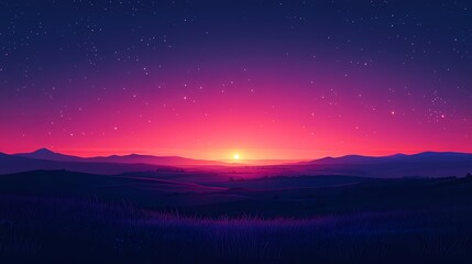 Sunset Silhouette against a Starry Night Sky. A Serene and Dreamy Rural Landscape Highlighted by Vibrant Purple Gradient Horizons