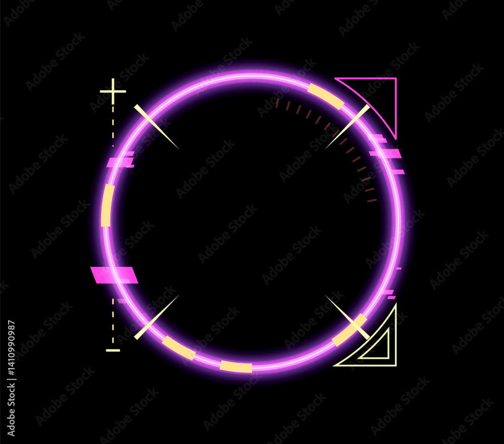 Poster Neon game round frame asset, HUD interface pink circular overlay template with futuristic geometric elements like triangles, crosses and digital markers. 3d vector glowing holographic cyberpunk border