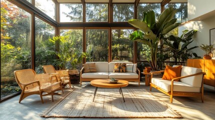 Fototapeta premium Mid-century modern conservatory with iconic furniture, natural wood elements, and a bright, airy feel. 