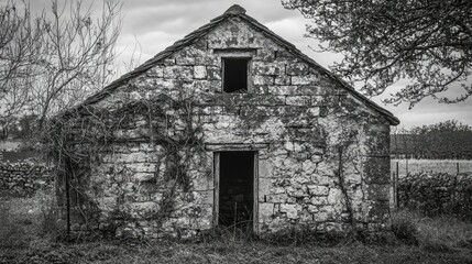 An old stone building with a weathered roof and open doorway
