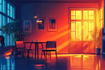 Fototapeta premium Modern Interior Design. Cozy Room with Elegant Furniture and Panoramic Sunset Lighting Featuring Natural Plants and Warm Ambiance