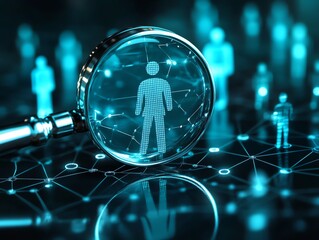 A magnifying glass reveals a digital person within a network of connections  The scene is dark blue with glowing lights creating a futuristic feel Perfect for technology or business concepts