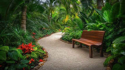Obraz premium A winding gravel path through a lush green tropical garden
