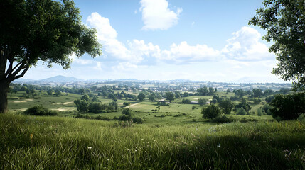 Panoramic View Of Rural Meadow Landscape Under Sunny Sky
