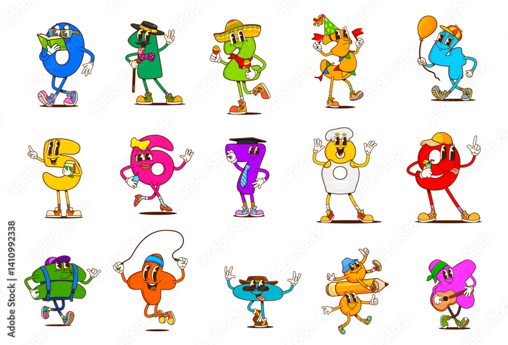 Poster cartoon math numbers groovy characters, happy hippie mathematics symbols and psychedelic digits vect