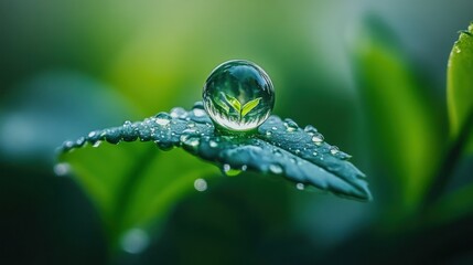 Seedling reflected in water drop on a leafy green plant with dew