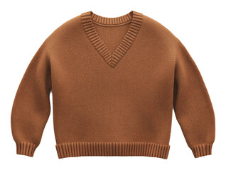 Obraz premium Brown wool sweater with v-neck design against transparent background. Winter fashion style
