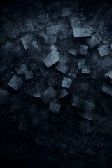 Abstract dark background with textured cubes and dust particles. Perfect for dark themes, technology, or industrial designs.
