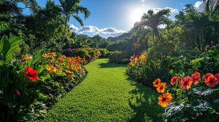 Obraz premium A beautiful sunlit pathway winding through a floral garden paradise