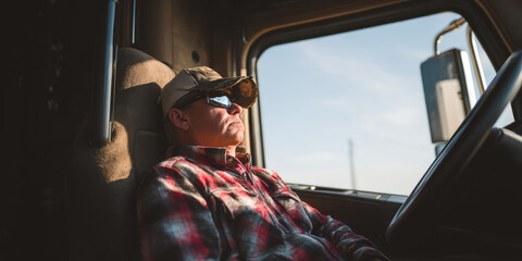 Tired truck driver sleeping behind the steering wheel. Danger of falling asleep on the road, traffic accident, danger of a sleeping driver